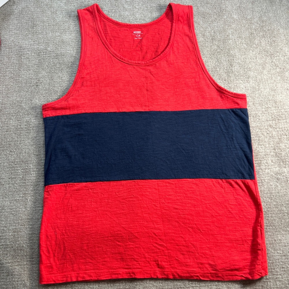 Old Navy Mens Tank Top Bundle Size‎ Large Red Blue Stripe Palm Tree Graphic 2pk